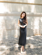 Silk Midi Dress with Draped Back and Sleeveless Cut